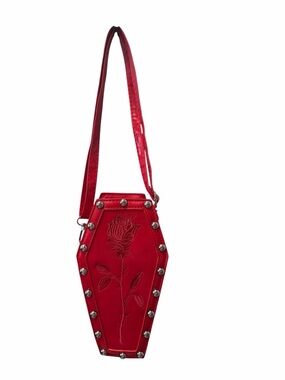 Red Coffin Shape Crossbody Bag Gothic Rose Embroidered Studded Purse Alt Punk Y2